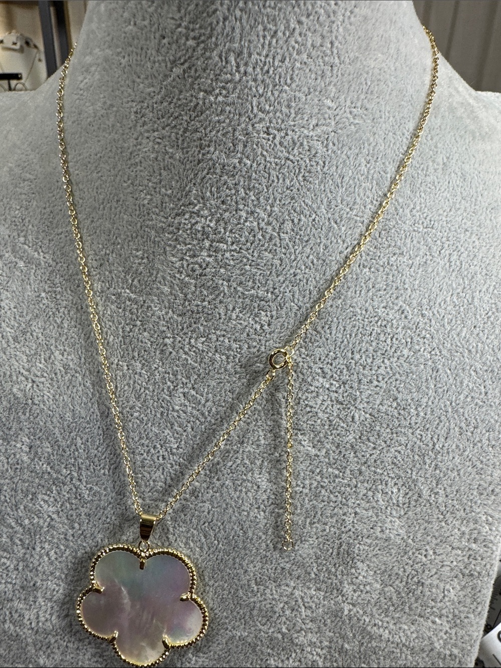 Gold-Tone Iridescent Mother-of-Pearl Clover Pendant Necklace - Picture 3 of 4